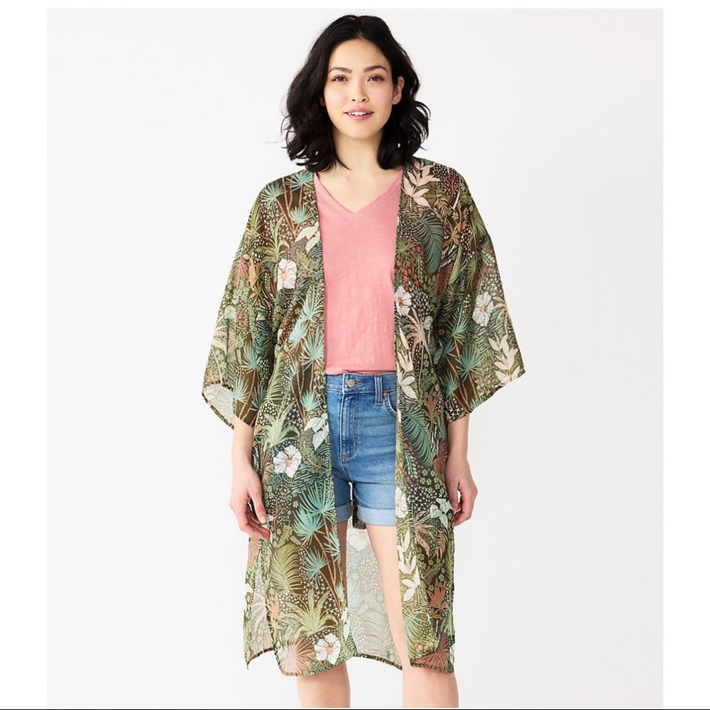 NWT Sonoma Jungle Pattern Belted Kimono Sheer Green Floral One Size
